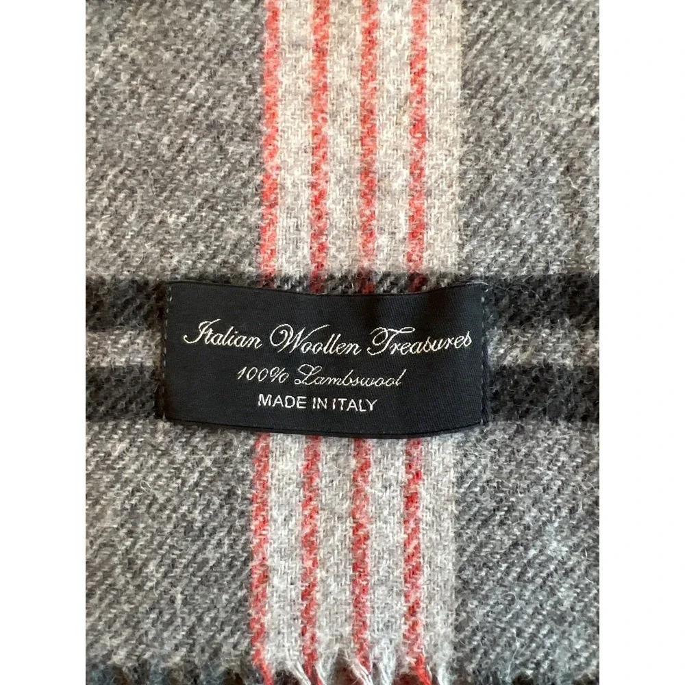 Italian Woollen Treasures Scarf 100% Lambswool Plaid Soft Cozy Black Grey Red